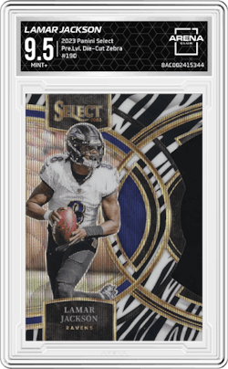 Lamar Jackson from the 2023 Panini Select set featuring a Die-Cut Zebra parallel and given an overall grade of 9.5.