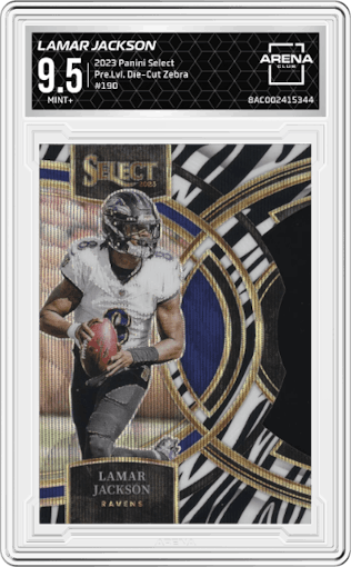Lamar Jackson from the 2023 Panini Select set featuring a Die-Cut Zebra parallel graded by Arena Club and given an overall grade of 9.5.