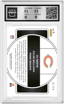 Caleb Williams/DJ Moore/Rome Odunze from the 2024 Panini Obsidian set featuring a Silver parallel graded by Arena Club and given an overall grade of 10.