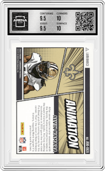 Alvin Kamara from the 2024 Panini Luminance set graded by Arena Club and given an overall grade of 10.