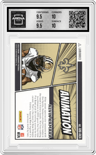 Alvin Kamara from the 2024 Panini Luminance set graded by Arena Club and given an overall grade of 10.