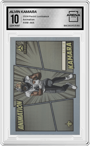 Alvin Kamara from the 2024 Panini Luminance set graded by Arena Club and given an overall grade of 10.