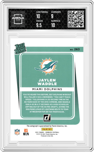 Jaylen Waddle  from the 2021 Panini Donruss set featuring a Bronze parallel graded by Arena Club and given an overall grade of 9.5.