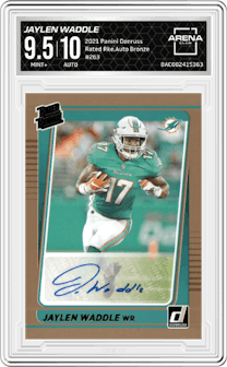 Jaylen Waddle  from the 2021 Panini Donruss set featuring a Bronze parallel graded by Arena Club and given an overall grade of 9.5.