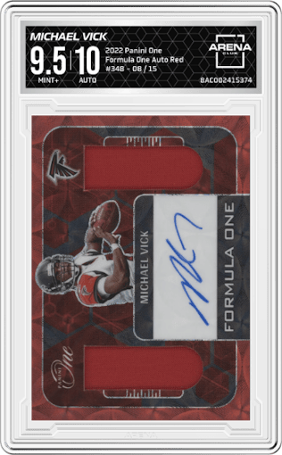 Michael Vick from the 2022 Panini One set featuring a Red parallel graded by Arena Club and given an overall grade of 9.5.