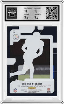 George Pickens from the 2022 Clearly Donruss set featuring a Blue parallel graded by Arena Club and given an overall grade of 10.