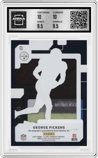 George Pickens from the 2022 Clearly Donruss set featuring a Blue parallel graded by Arena Club and given an overall grade of 10.