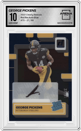 George Pickens from the 2022 Clearly Donruss set featuring a Blue parallel graded by Arena Club and given an overall grade of 10.