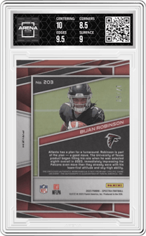 Bijan Robinson from the 2023 Panini Spectra set featuring a Hyper parallel graded by Arena Club and given an overall grade of 9.