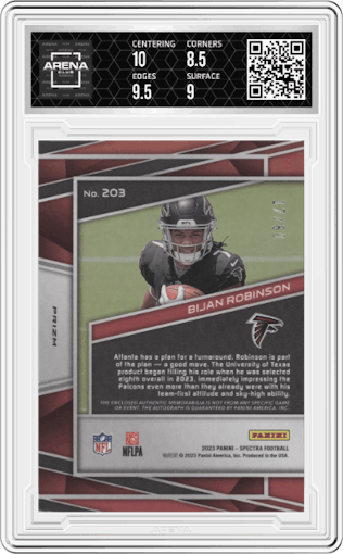 Bijan Robinson from the 2023 Panini Spectra set featuring a Hyper parallel graded by Arena Club and given an overall grade of 9.