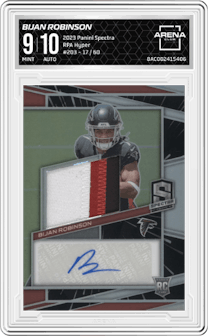 Bijan Robinson from the 2023 Panini Spectra set featuring a Hyper parallel graded by Arena Club and given an overall grade of 9.