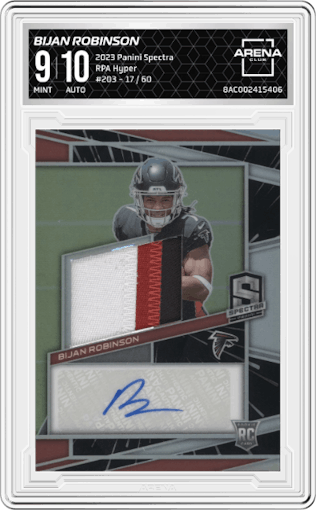 Bijan Robinson from the 2023 Panini Spectra set featuring a Hyper parallel graded by Arena Club and given an overall grade of 9.