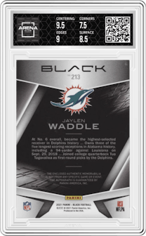 Jaylen Waddle from the 2021 Panini Black set graded by Arena Club and given an overall grade of 9.