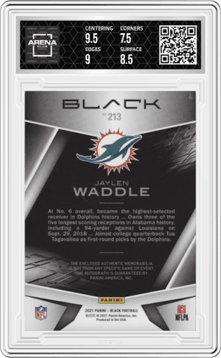 Jaylen Waddle from the 2021 Panini Black set graded by Arena Club and given an overall grade of 9.
