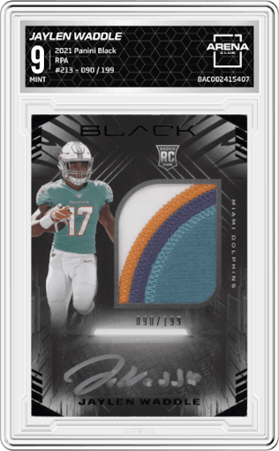 Jaylen Waddle from the 2021 Panini Black set graded by Arena Club and given an overall grade of 9.