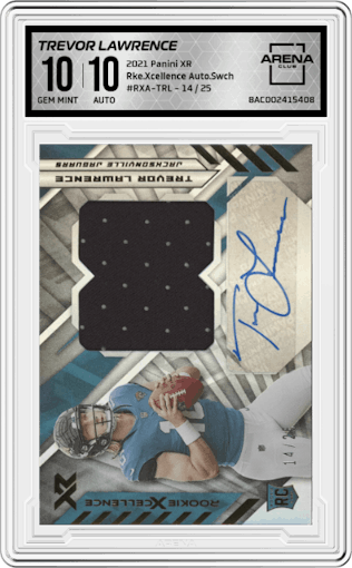Trevor Lawrence from the 2021 Panini XR set graded by Arena Club and given an overall grade of 10.