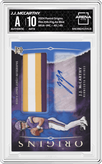 J.J. McCarthy from the 2024 Panini Origins set featuring a Blue parallel graded by Arena Club and given an overall grade of 0.
