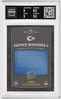 Patrick Mahomes II from the 2017 Panini Donruss Optic set graded by Arena Club and given an overall grade of 9.