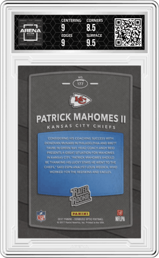 Patrick Mahomes II from the 2017 Panini Donruss Optic set graded by Arena Club and given an overall grade of 9.