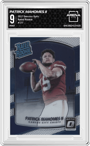 Patrick Mahomes II from the 2017 Panini Donruss Optic set graded by Arena Club and given an overall grade of 9.