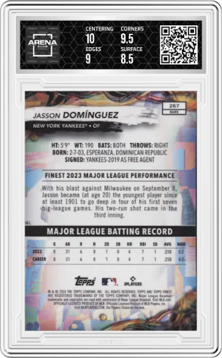 Jasson Domínguez from the 2024 Topps Finest set featuring a  Oil Spill Refractor parallel graded by Arena Club and given an overall grade of 9.