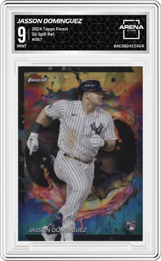 Jasson Domínguez from the 2024 Topps Finest set featuring a  Oil Spill Refractor parallel graded by Arena Club and given an overall grade of 9.