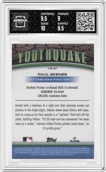 Paul Skenes from the 2024 Topps Chrome set featuring a Orange Refractor parallel graded by Arena Club and given an overall grade of 9.