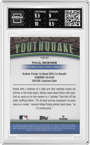 Paul Skenes from the 2024 Topps Chrome set featuring a Orange Refractor parallel graded by Arena Club and given an overall grade of 9.