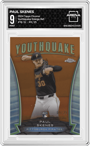 Paul Skenes from the 2024 Topps Chrome set featuring a Orange Refractor parallel graded by Arena Club and given an overall grade of 9.