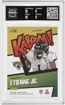 Travis Etienne Jr. from the 2021 Panini Absolute set graded by Arena Club and given an overall grade of 9.5.