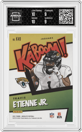 Travis Etienne Jr. from the 2021 Panini Absolute set graded by Arena Club and given an overall grade of 9.5.