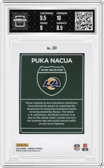 Puka Nacua from the 2024 Donruss set graded by Arena Club and given an overall grade of 9.