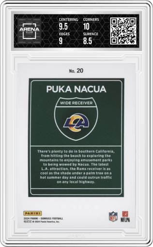 Puka Nacua from the 2024 Donruss set graded by Arena Club and given an overall grade of 9.