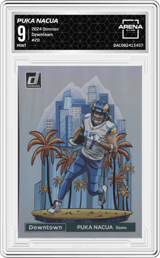 Puka Nacua from the 2024 Donruss set graded by Arena Club and given an overall grade of 9.