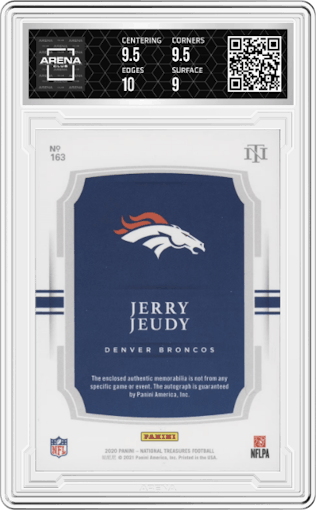 Jerry Jeudy from the 2020 Panini National Treasures set graded by Arena Club and given an overall grade of 9.5.