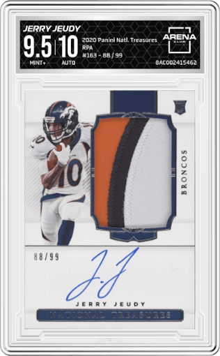 Jerry Jeudy from the 2020 Panini National Treasures set graded by Arena Club and given an overall grade of 9.5.