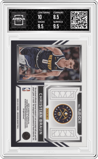 Christian Braun from the 2022-23 Panini Obsidian set featuring a Green Flood parallel graded by Arena Club and given an overall grade of 9.
