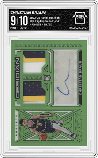 Christian Braun from the 2022-23 Panini Obsidian set featuring a Green Flood parallel graded by Arena Club and given an overall grade of 9.
