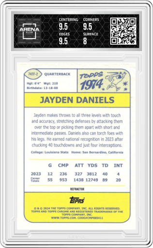 Jayden Daniels from the 2024 Topps Chrome set graded by Arena Club and given an overall grade of 8.5.