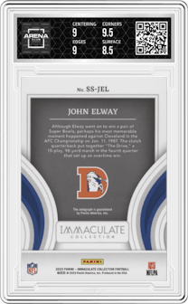 John Elway from the 2023 Panini Immaculate Collection  set graded by Arena Club and given an overall grade of 9.