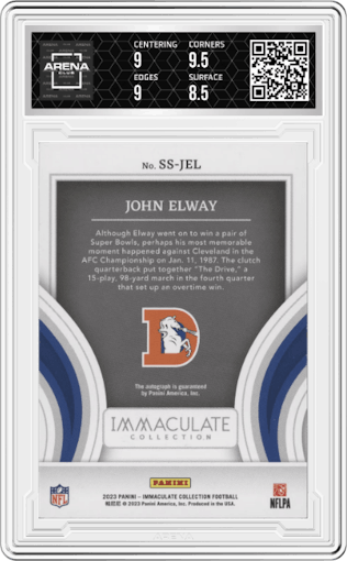 John Elway from the 2023 Panini Immaculate Collection  set graded by Arena Club and given an overall grade of 9.