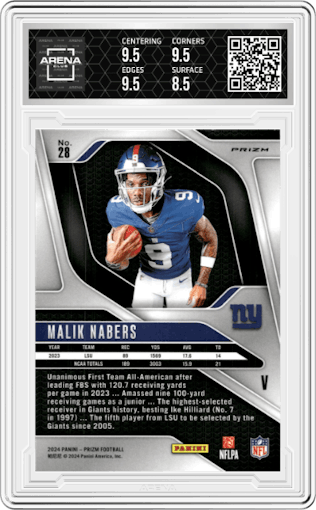 Malik Nabers from the 2024 Panini Prizm set graded by Arena Club and given an overall grade of 9.