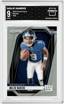 Malik Nabers from the 2024 Panini Prizm set graded by Arena Club and given an overall grade of 9.