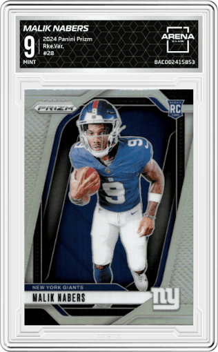 Malik Nabers from the 2024 Panini Prizm set graded by Arena Club and given an overall grade of 9.