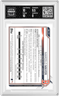 Marcelo Mayer from the 2021 Bowman Draft set graded by Arena Club and given an overall grade of 8.5.