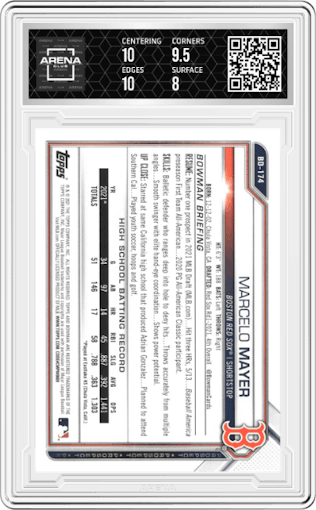 Marcelo Mayer from the 2021 Bowman Draft set graded by Arena Club and given an overall grade of 8.5.