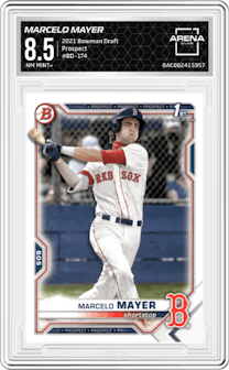 Marcelo Mayer from the 2021 Bowman Draft set graded by Arena Club and given an overall grade of 8.5.