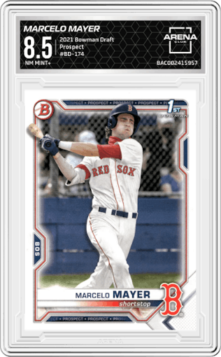 Marcelo Mayer from the 2021 Bowman Draft set graded by Arena Club and given an overall grade of 8.5.