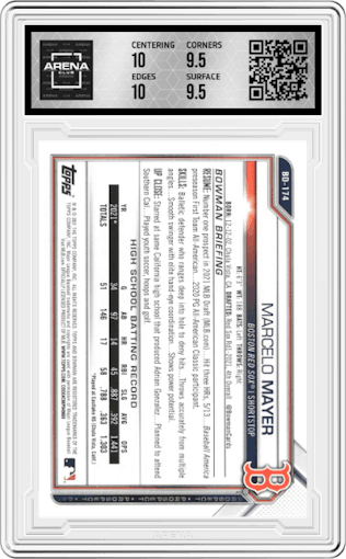 Marcelo Mayer from the 2021 Bowman Draft set graded by Arena Club and given an overall grade of 10.