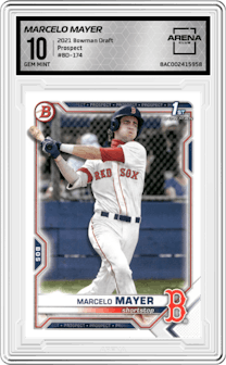 Marcelo Mayer from the 2021 Bowman Draft set graded by Arena Club and given an overall grade of 10.